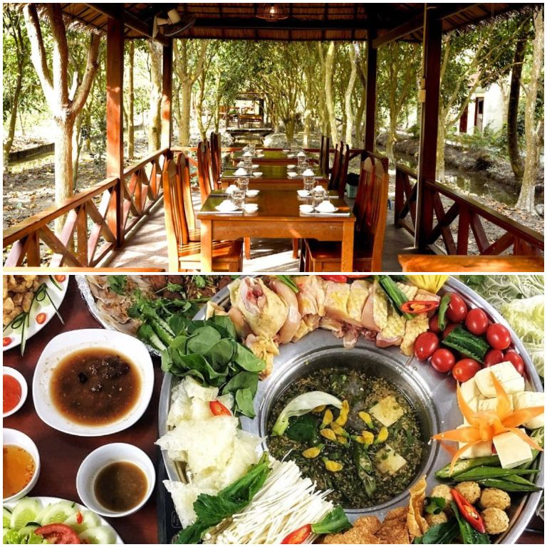 Mekong Rustic Resort sở hữu nhà hàng thiết kế lộ thiên mnag đến các món ăn từ Việt Nam đến các món phương Tây sang trọng. 