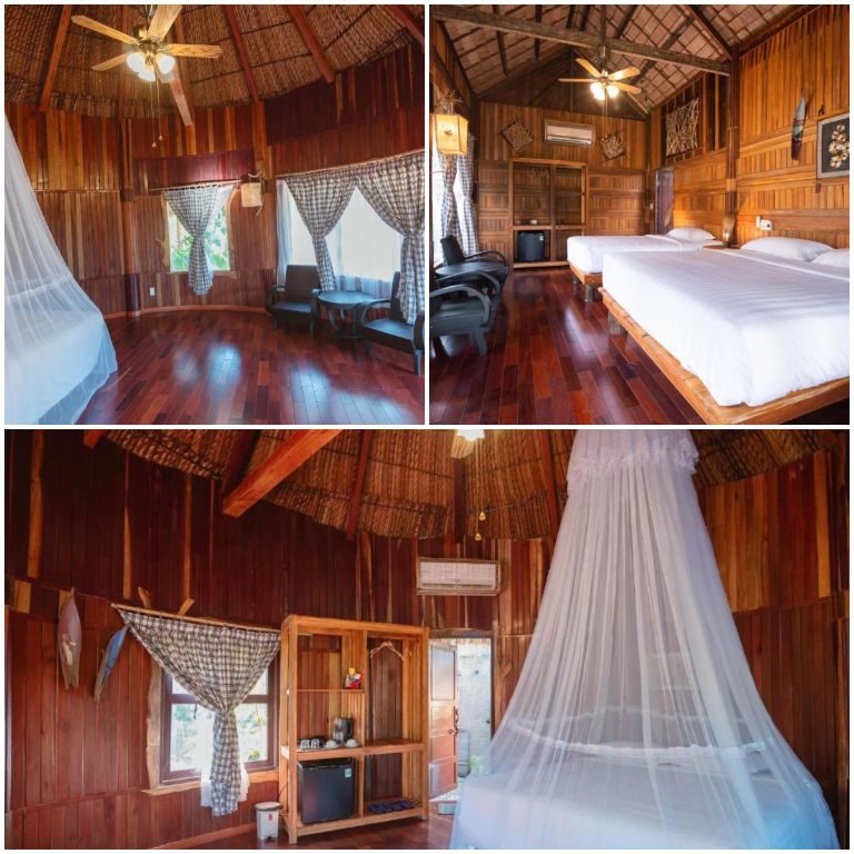 Mekong Ecolodge Resort sở hữu các căn phòng nghỉ được thiết kế toàn bộ bằng gỗ và lợp mái tre, nổi bật bởi ga giường tắng tinh khôi. 