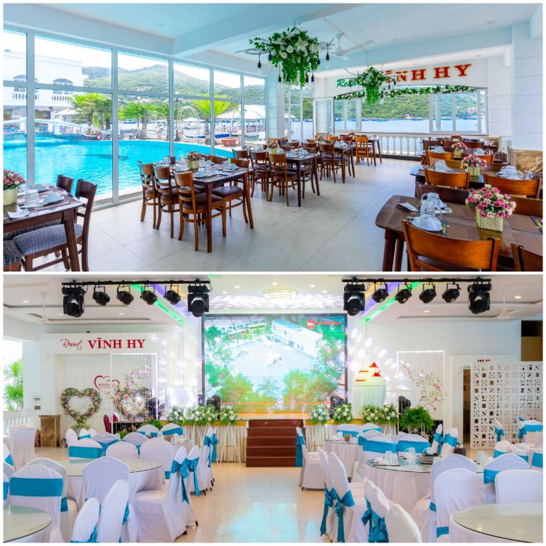 Không gian nhà hàng Seaview rộng thoáng với thiết kế trần cao và tường kính trong suốt, cho phép du khách tận hưởng view hồ bơi và vùng vịnh. (Nguồn: Internet)