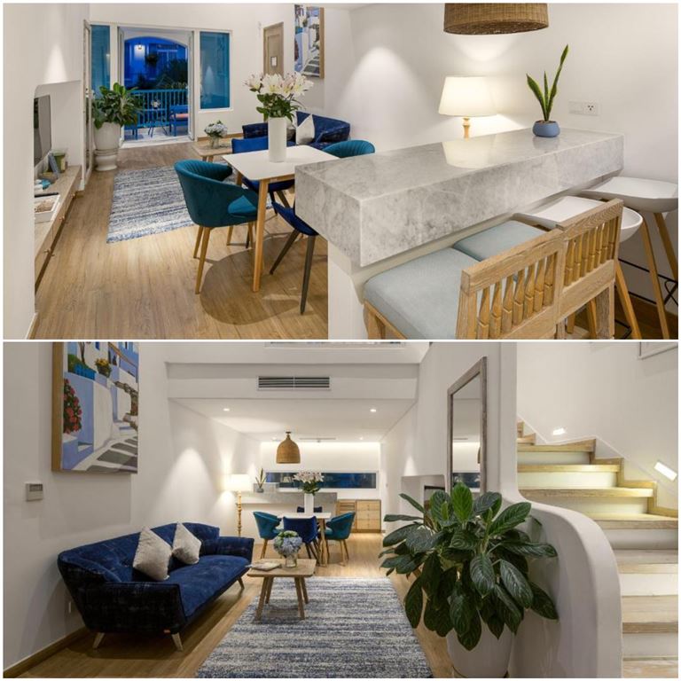 Phòng Duplex Residence có thiết kế độc đáo, là sự kết hợp hài hòa giữa các khu vực phòng khách, phòng bếp, phòng ngủ, cầu thang. 
