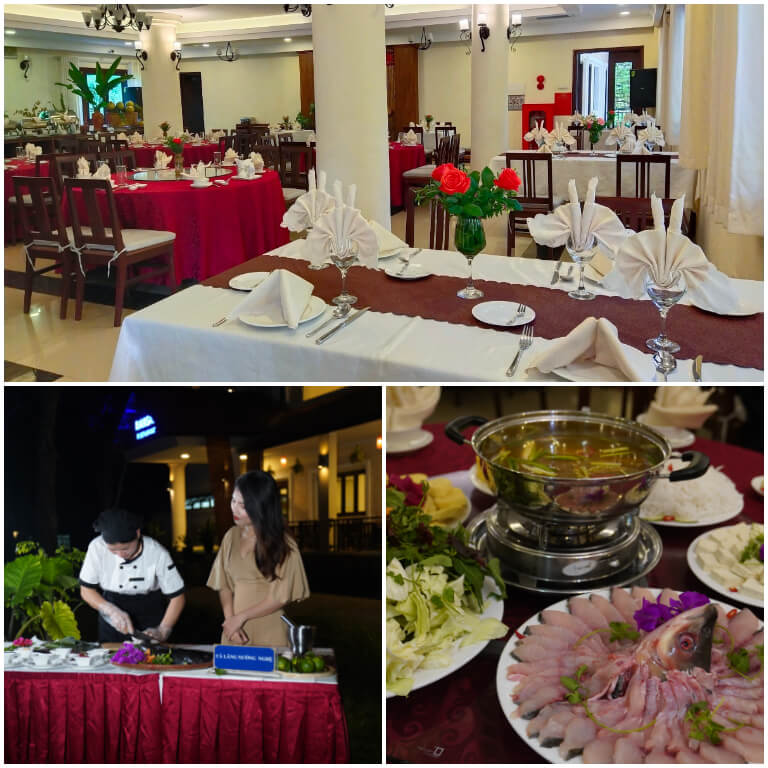 Nhà hàng có thiết kế sang trọng và ấm cúng, là nơi chuyên phục vụ đa dạng các món ăn từ Á đến Âu với menu gọi món hoặc cố định.
