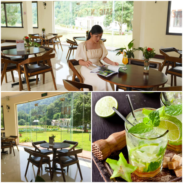 Coffee Lounge nằm ở vị trí khu Slam Pé, phục vụ đa dạng các loại đồ uống khác nhau và bánh ngọt ngon miệng với khung cảnh thiên nhiên của khu vườn xanh mát.
