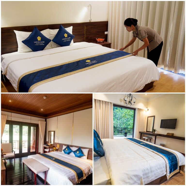 Các căn phòng tại Sài Gòn - Ba Bể Resort có thiết kế hiện đại với không gian mở rộng rãi, nhìn ra khung cảnh núi rừng và sông hồ thông qua hệ thống ban công và cửa sổ lớn.