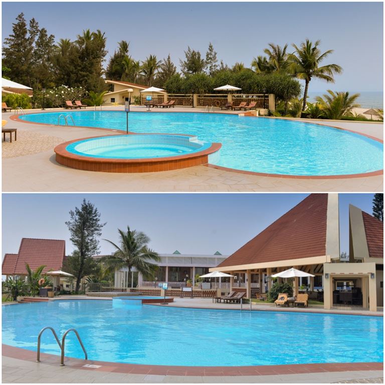 Hệ thống hai hồ bơi thiết kế độc đáo tại Sandy Beach Resort Đà Nẵng được khách hàng yêu thích, cho phép khách hàng sử dụng miễn phí. 