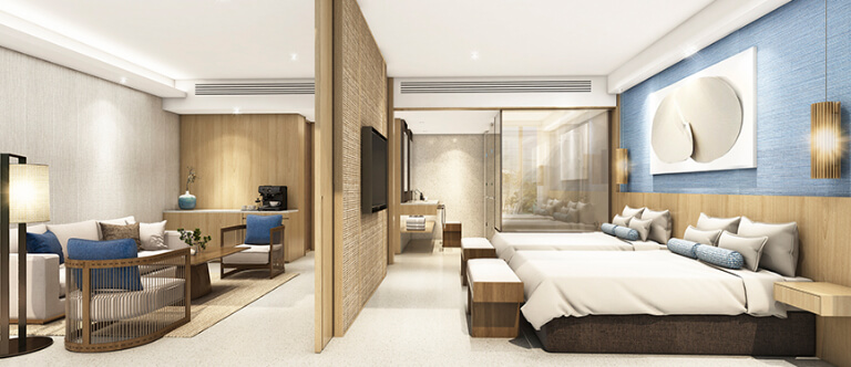 Không gian phòng khách và phòng ngủ được tách biệt bằng vách gỗ cao đến trần nhằm đảm bảo sự riêng tư cho du khách.