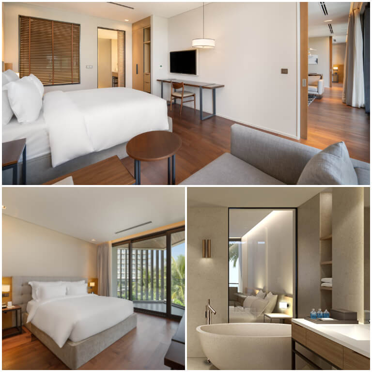 Điểm cộng của phòng ngủ căn hộ Grand Residence là phòng nào cũng có ban công rộng rãi nhìn ra biển và khu vườn của Shilla Monogram Đà Nẵng.