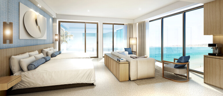 Corner Suite được chia thành 2 gian bao gồm phòng ngủ và phòng khách, đặc biệt là phòng có 2 mặt tiền hướng ra biển Non Nước xinh đẹp.
