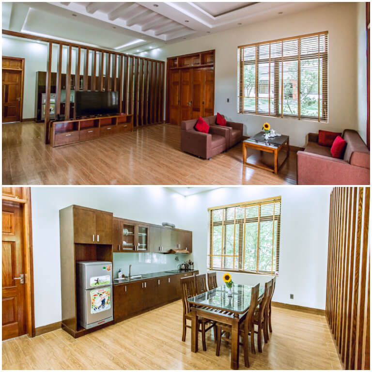 Không gian tầng 1 có mặt sàn khoảng 115 mét vuông, bao gồm phòng khách và phòng bếp, là nơi sinh hoạt chung lý tưởng dành cho du khách.
