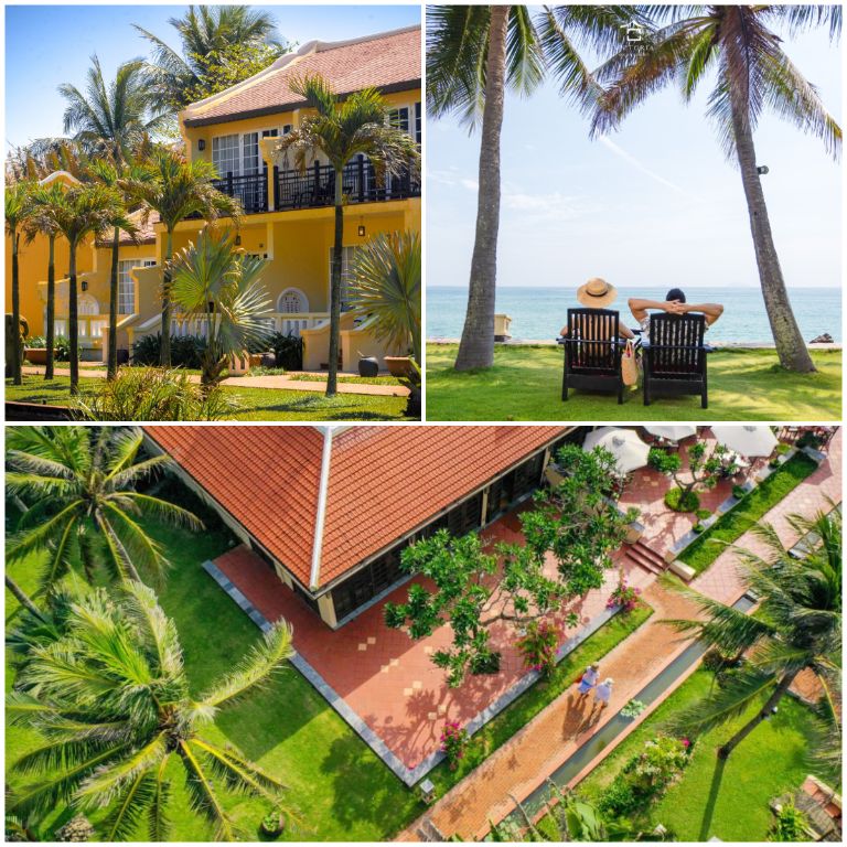 Khuôn viên Victoria Hoi An Beach Resort & Spa nổi bật với những toà nhà vàng cổ bao quanh bởi khu vườn (nguồn: booking.com)