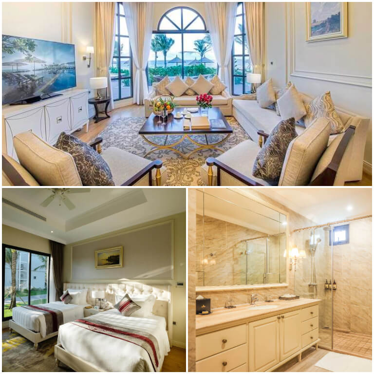Vinpearl Resort &amp; Spa Đà Nẵng mang phong cách thiết kế tân cổ điển đẹp đẹp sang trọng với nội thất cao cấp và sử dụng tông màu trắng kem chủ đạo.