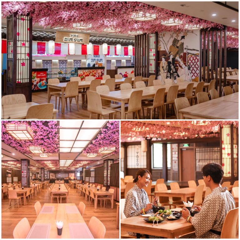 Nhà hàng Ryu-an nổi bật với trần nhà tràn ngập hoa anh hào nở đỏ hồng, đem tới một view sống ảo cực lạ, cực đẹp.