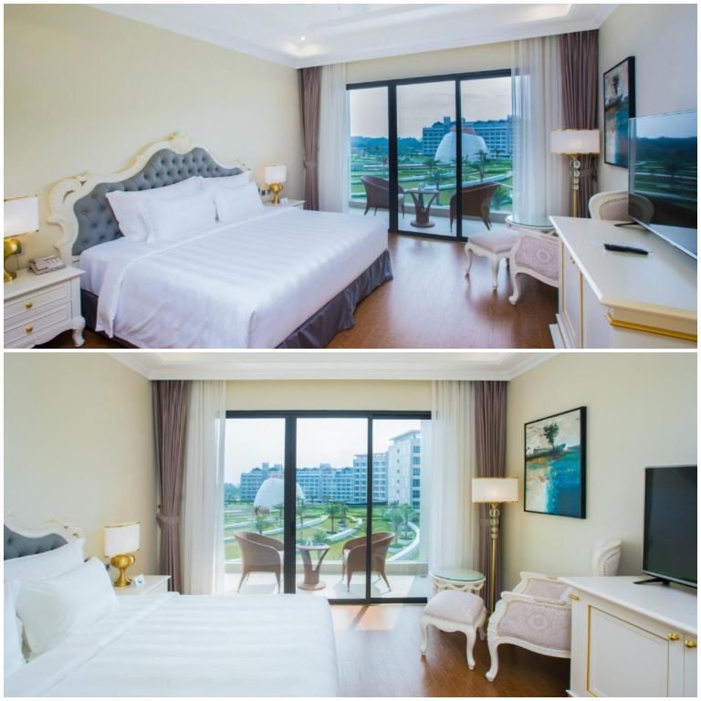 Phòng ngủ có thiết kế sang trọng với gam màu vàng pastel chủ đạo. (Nguồn: Booking.com) 