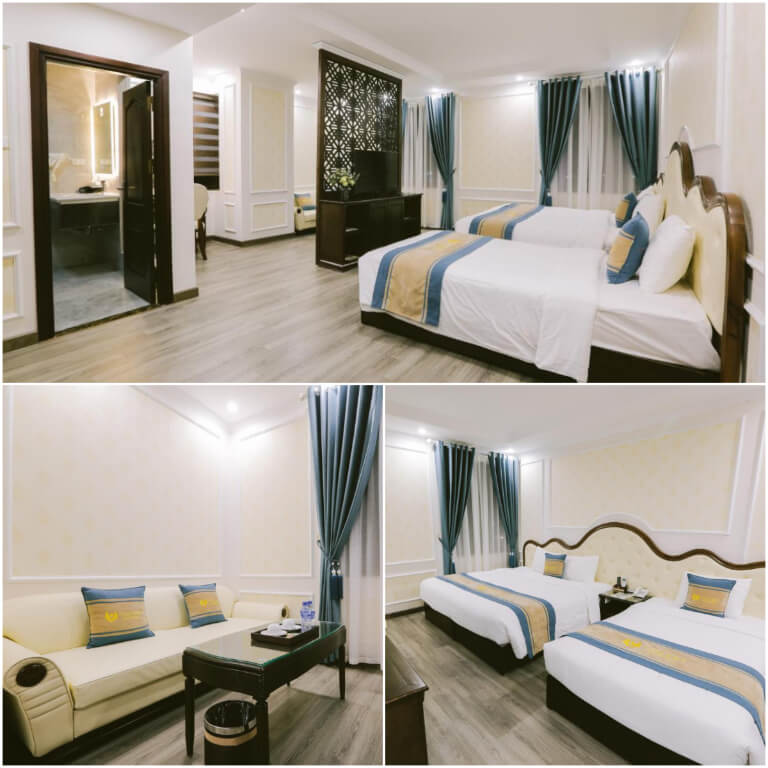 Phòng ngủ hiện đại được sử dụng tone trắng và be, điểm xuyết rèm cửa xanh bắt mắt.