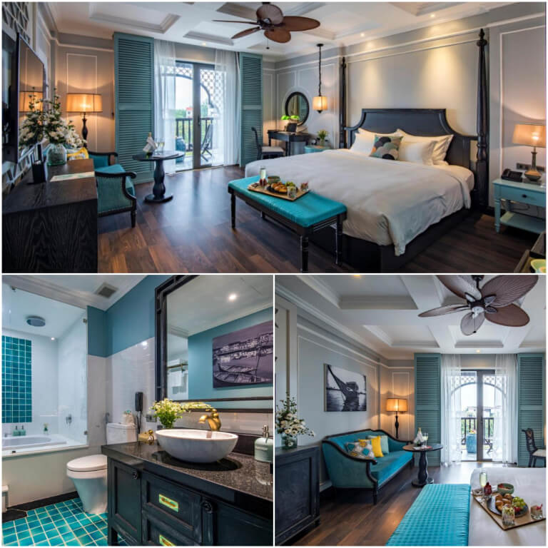 Phòng nghỉ hiện đại được kết hợp hài hòa giữa 2 gam màu xanh và trắng.