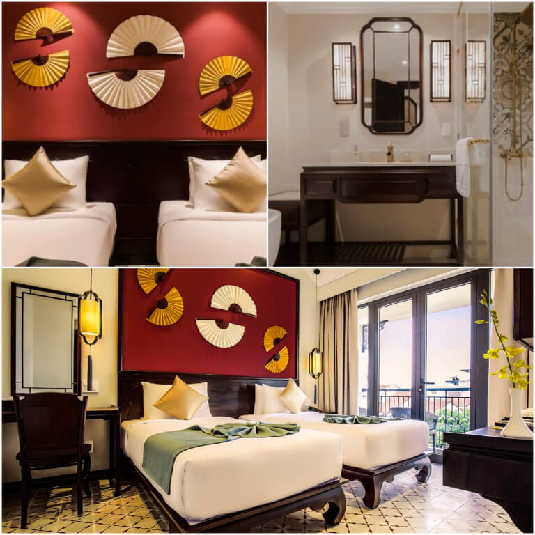 Phòng ngủ mang đậm thiết kế văn hóa Việt với các gam màu ấm đặc trưng.