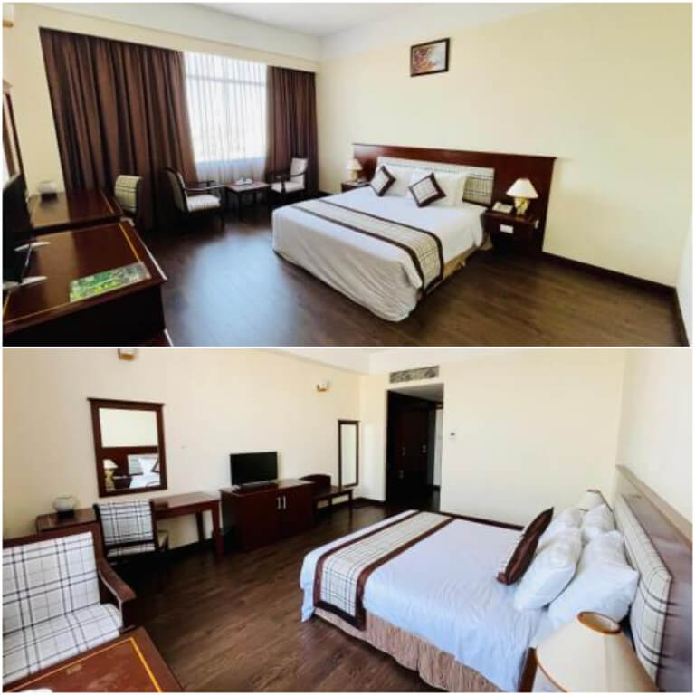 Phòng ngủ được thiết kế hòa hợp giữa gam màu be và nâu từ nội thất gỗ. 