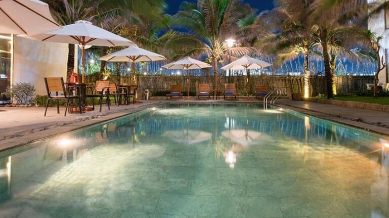 Bể bơi vô cực được bao quanh bởi cây dừa cạn xung quanh.