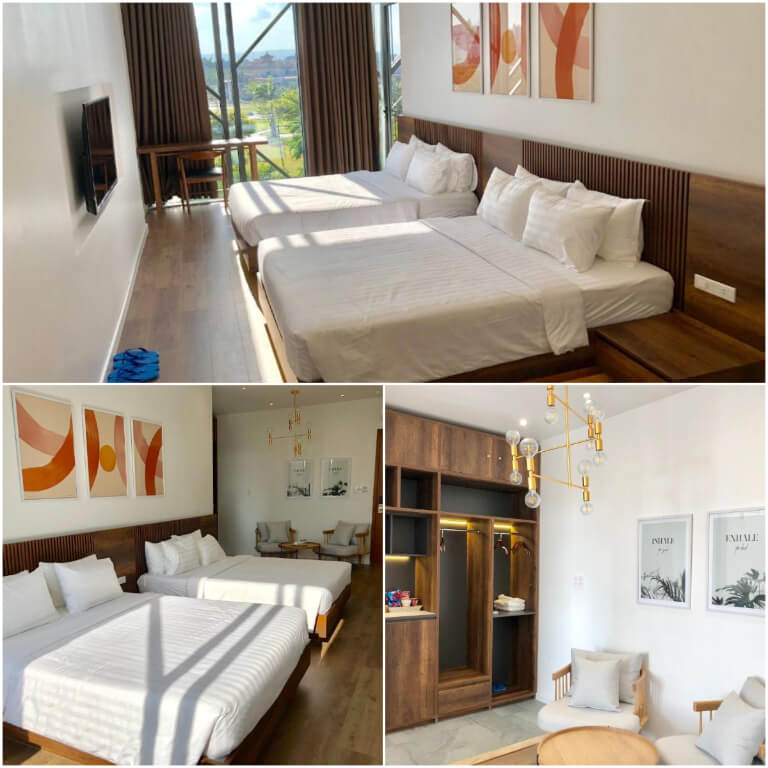 Phòng ngủ có thiết kế mở kết hợp hài hòa 2 gam màu sáng và nâu gỗ.