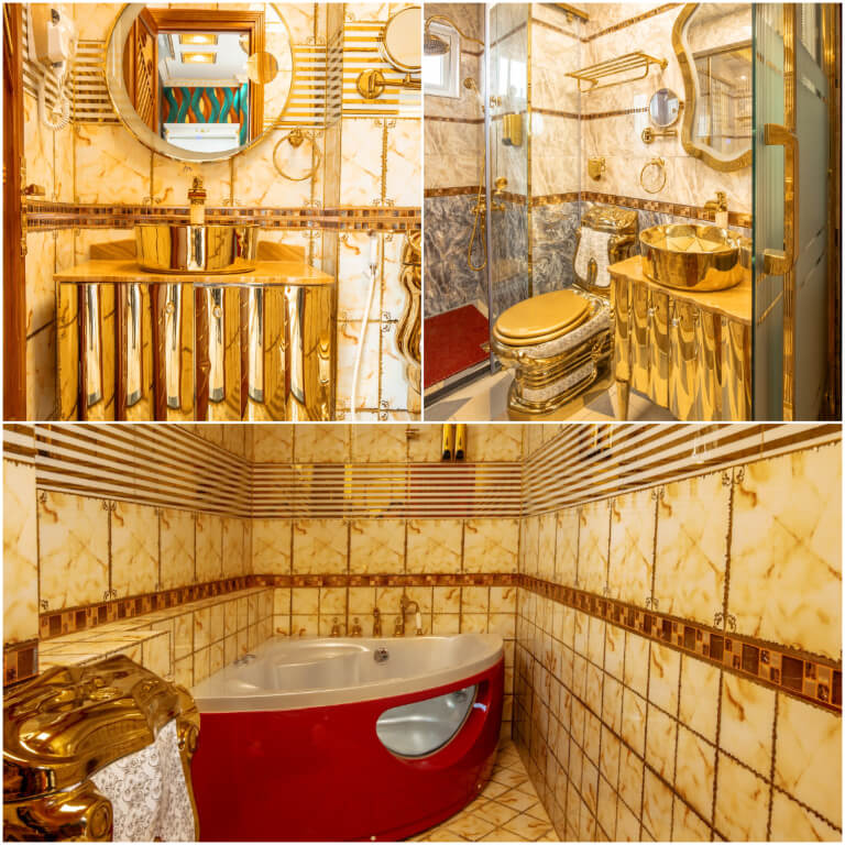 Phòng vệ sinh dát vàng được tích hợp bồn tắm và vòi hoa sen tiện lợi.