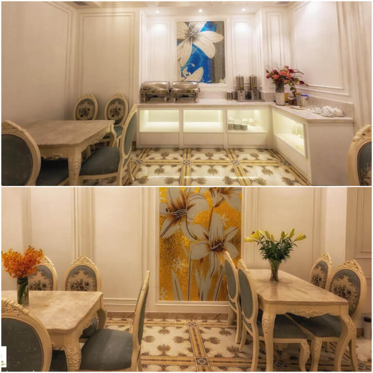 Nhà ăn được bài trí nội thất hoàng gia với tone màu trắng sang trọng.