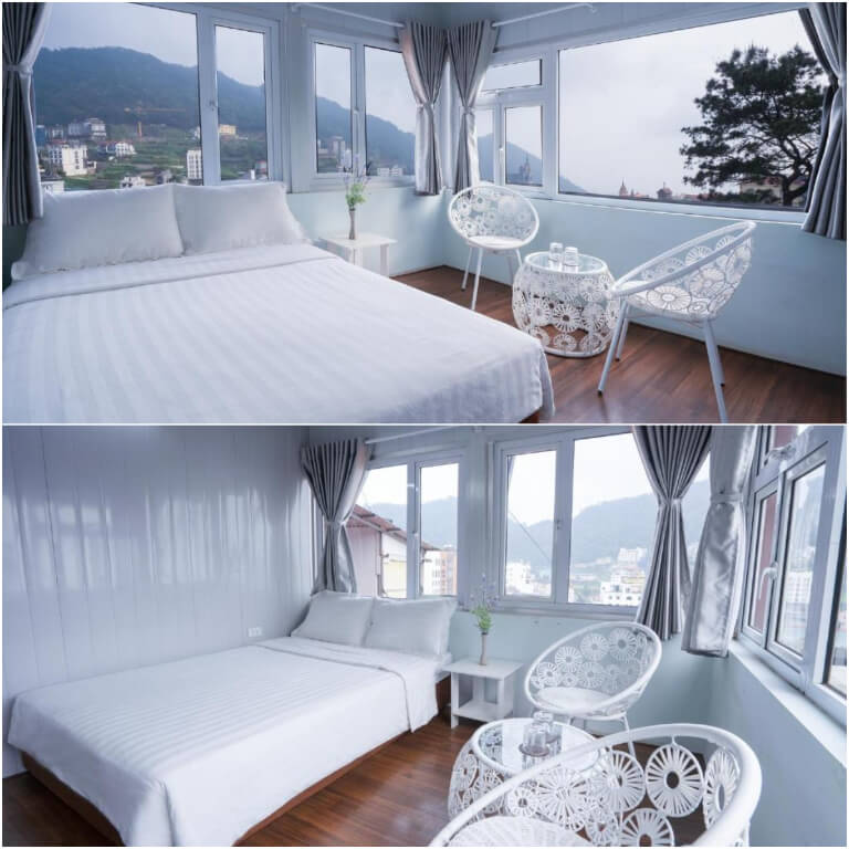 Phòng ngủ sở hữu tone màu trắng bắt mắt từ nội thất đến giường ngủ.
