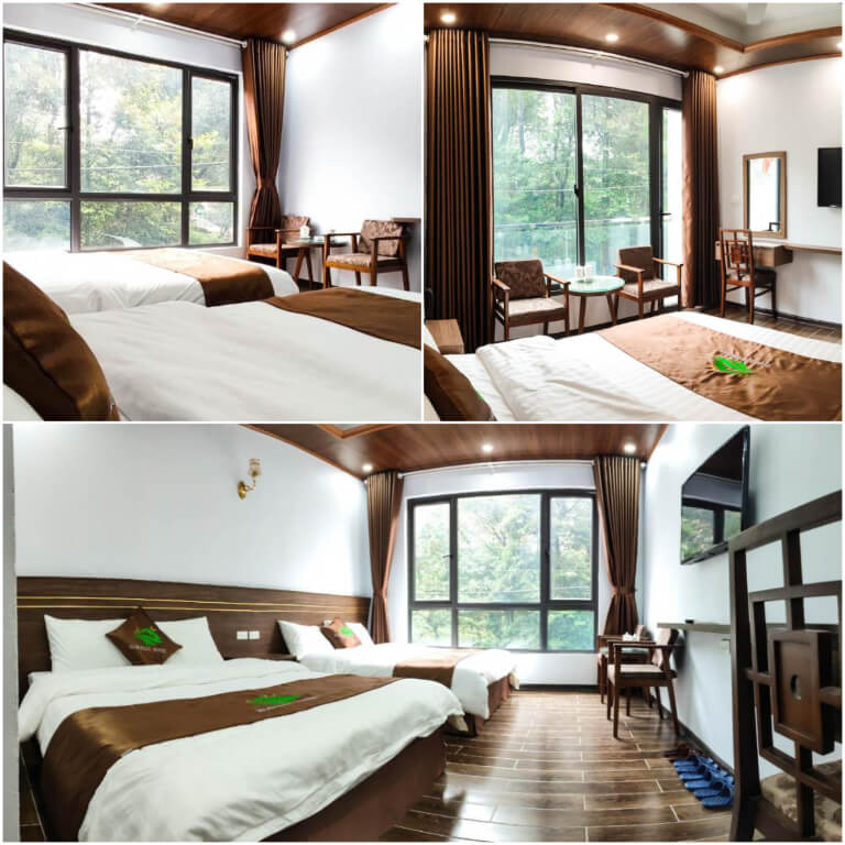 Phòng ngủ hài hòa với tone nâu và trắng, có thiết kế mở hòa hợp với thiên nhiên.
