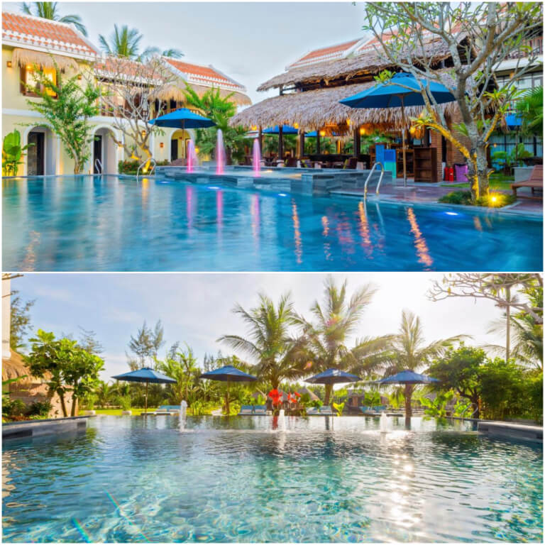 Bể bơi siêu rộng, được xây dựng theo mô hình biển nhân tạo với các cây dừa cạn xung quanh.