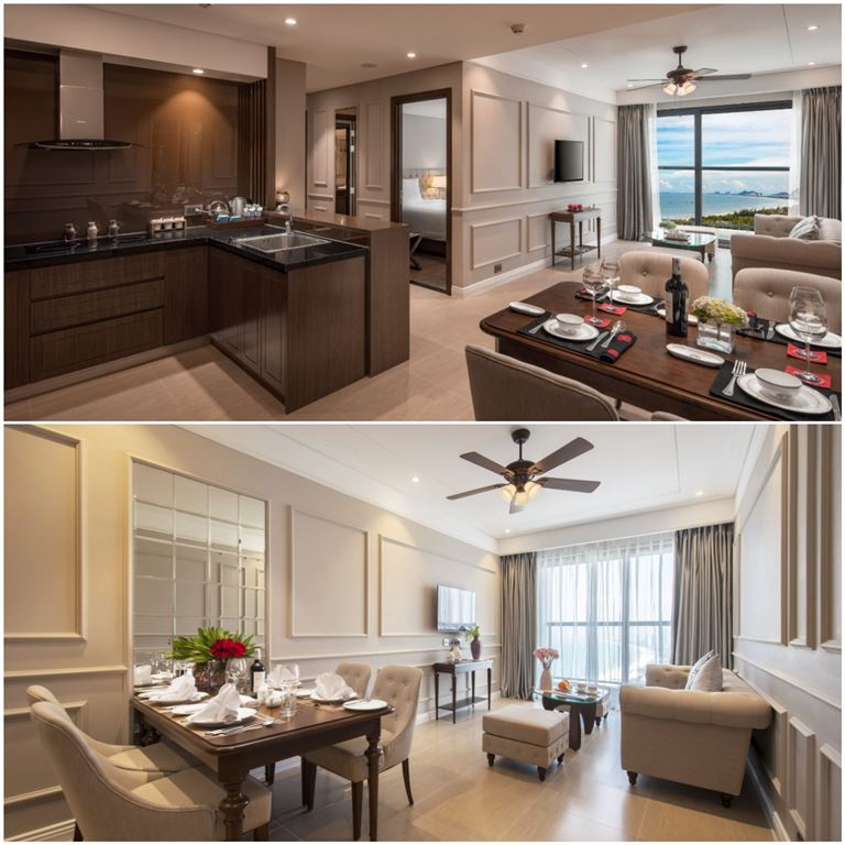 Hạng phòng Zen Suite cung cấp không gian đẳng cấp thượng lưu với phòng khách, phòng bếp nội thất cao cấp. 