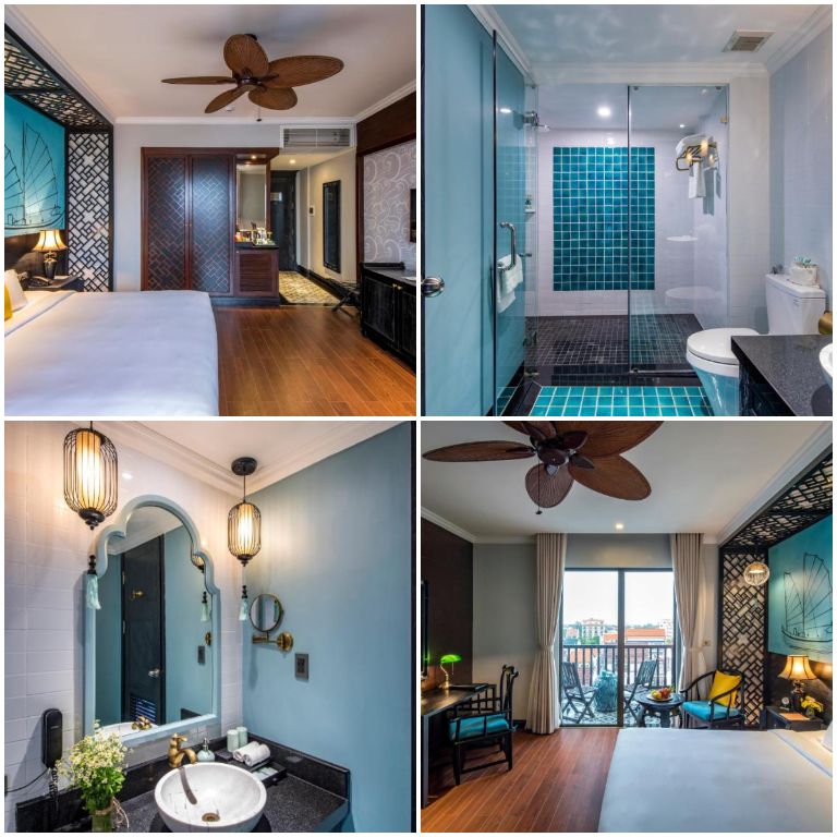 Phòng Executive Duluxe có tone màu xanh ngọc bích chủ đạo kết hợp với các chi tiết mang phong cách của thời nhà Thương.
