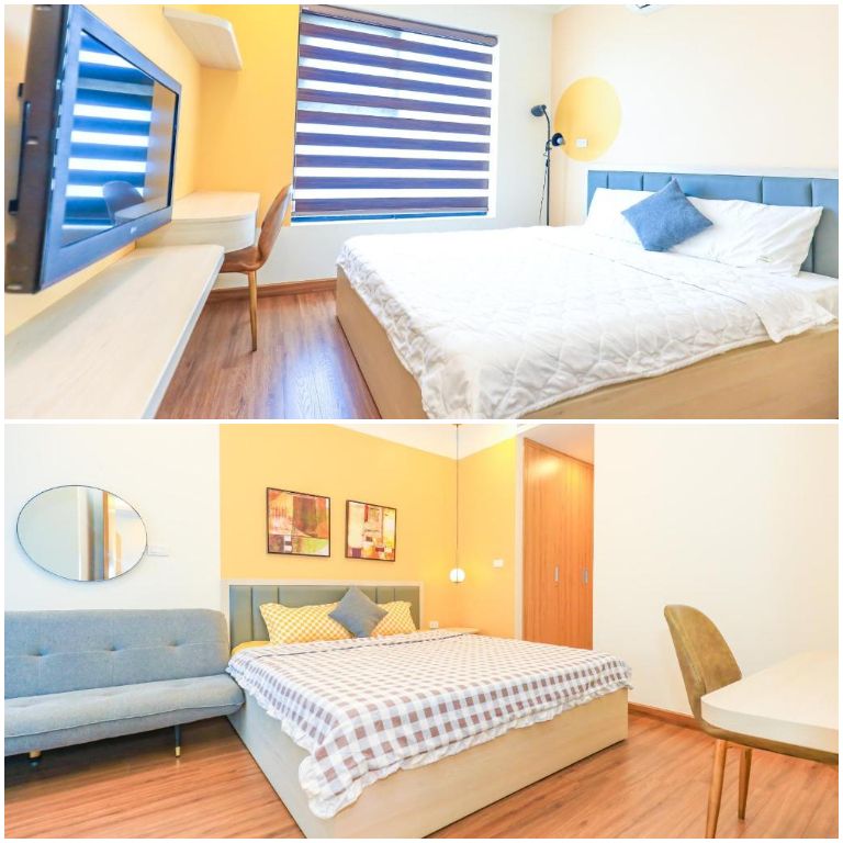 Các phòng ngủ được bố trí giường King size rộng rãi, màu sắc tươi sáng và dễ thương (nguồn: Booking.com).
