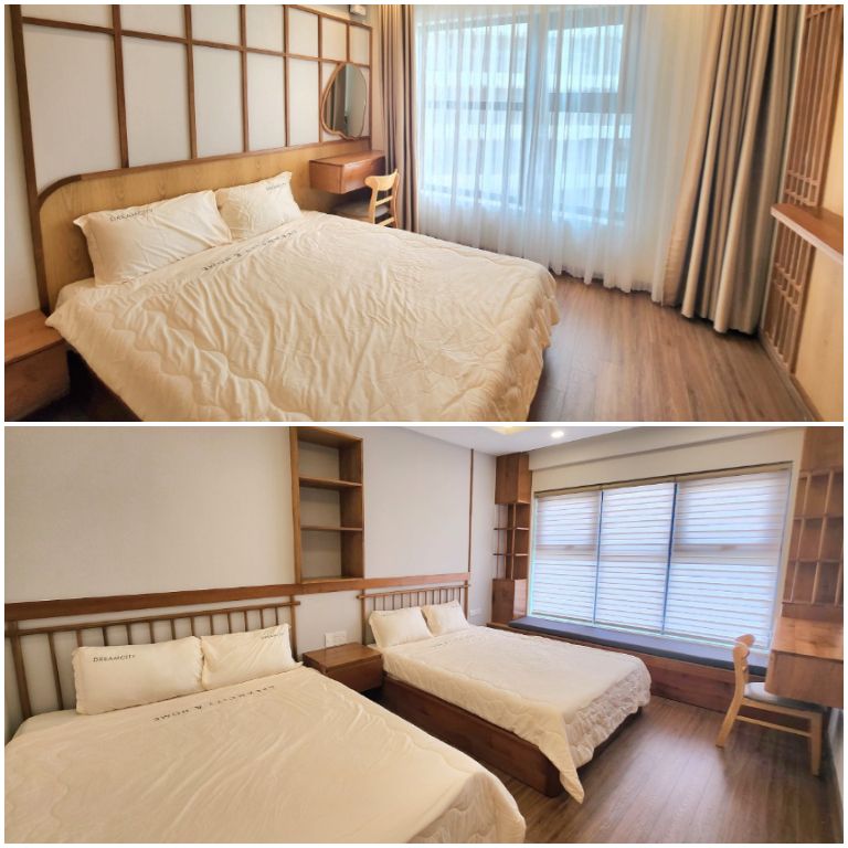 Các phòng ngủ có tone trắng - nâu chủ đạo, có cửa số lớn và rèm cửa thông minh (nguồn: Booking.com).