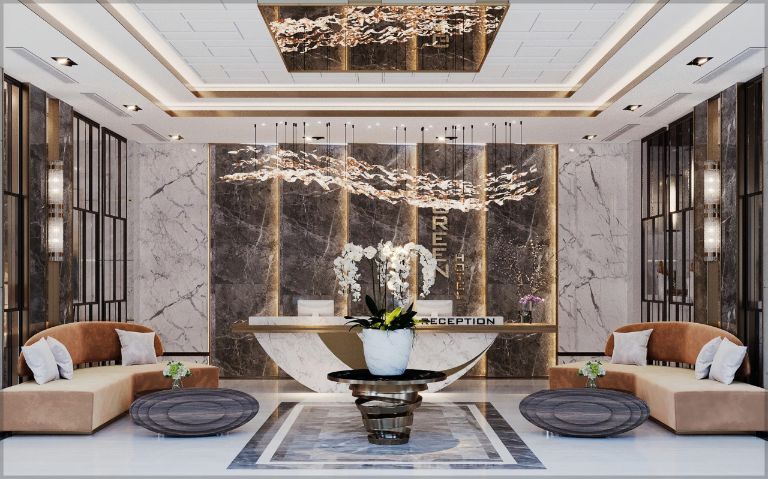 Green Suites Hotel sở hữu không gian sảnh đầy sang trọng được bao phủ bởi tone trắng các bức tường lát đá thạch anh. 