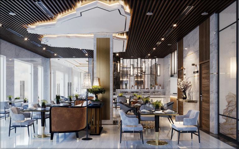 Nhà hàng Green Suites mang đến không gian ẩm thực sang trọng được thiết kế theo phong cách Tây Âu với trần thạch anh cao. 