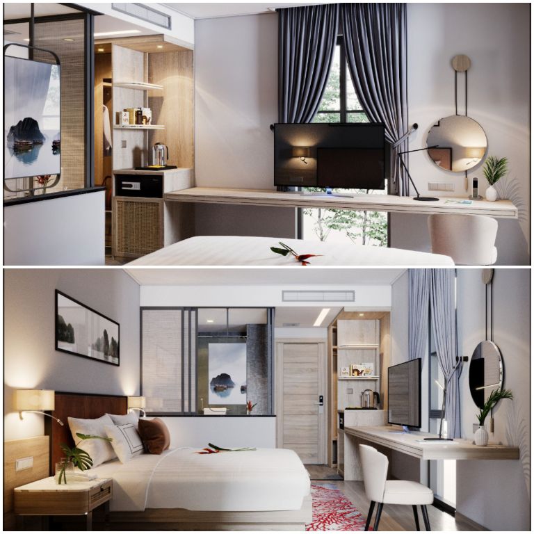 Premium Deluxe King Room sở hữu nội thất gỗ sồi cao cấp kết hợp với hệ thống đèn ngủ và đèn treo lấy cảm hứng Châu Âu.