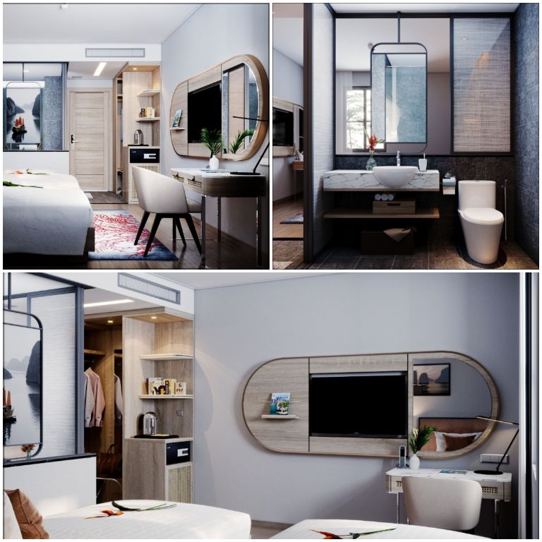 Phòng Deluxe Double or Twin Room với nội thất gỗ đen cao cấp, không gian phòng với tone trắng tinh khôi chủ đạo. 