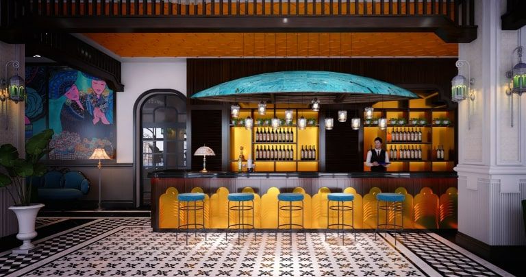 Quầy bar mang đến không gian náo nhiệt trong lối thiết kế đậm phong cách địa trung hải với các gam màu trầm và trung tính. 