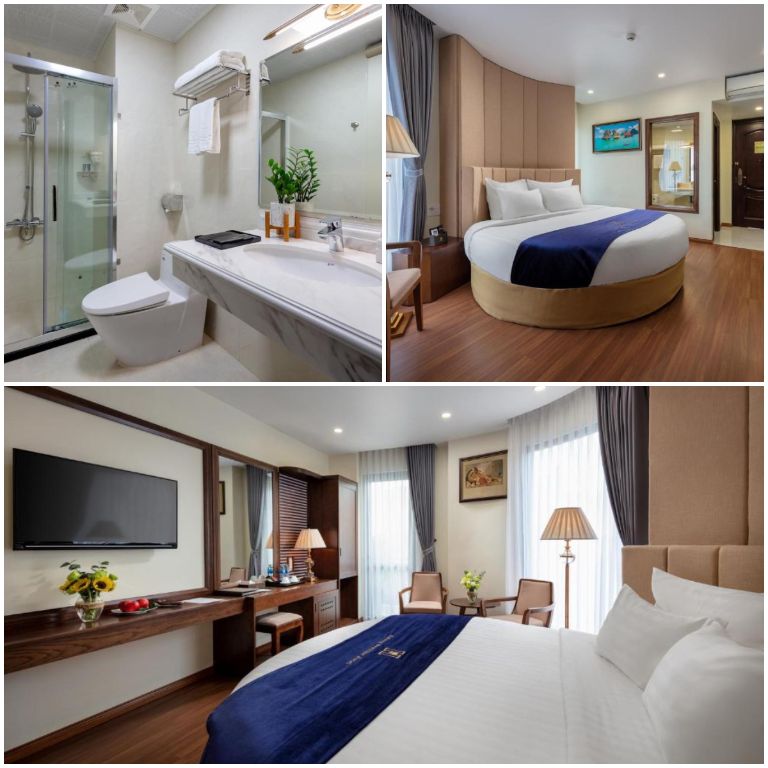 Phòng Junior Suite mang đến nội thất gỗ nâu trầm cao cấp, phòng tắm được thiết kế tinh xảo theo hướng Châu Âu. 