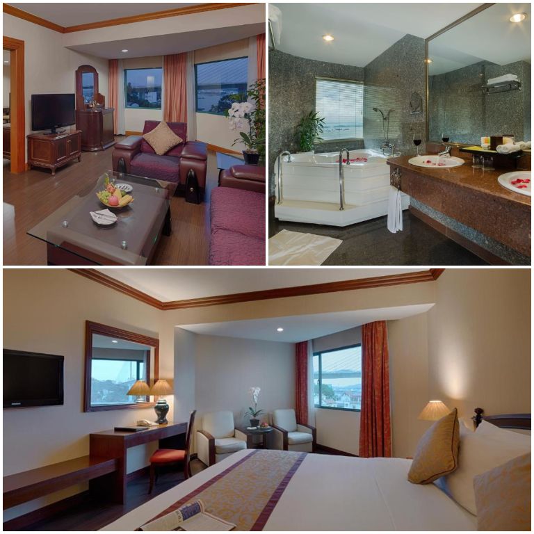 Phòng Plaza Suite với thiết kế Indochine khá ấn tượng phòng khách ngăn cách với phòng ngủ bằng một khung tường trắng. 