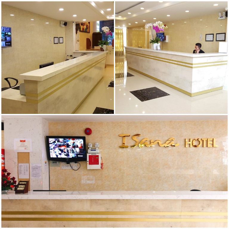 Quầy lễ tân tại khách sạn Isana được thiết kế theo lối không gian rộng rãi, mang tone màu be sáng chủ đạo. (nguồn: internet)