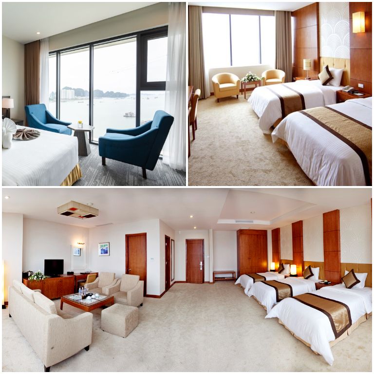 Muong Thanh Grand Bai Chay với phòng nghỉ được thiết kế mở thoáng đãng, nội thất gỗ mun sáng màu sang trọng. 