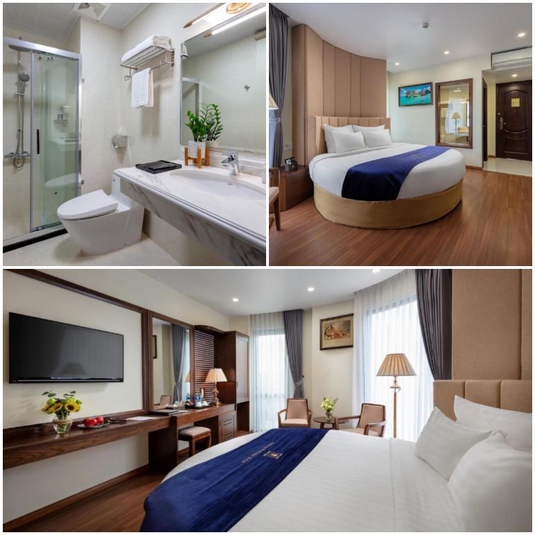 Halong Boutique Hotel với hệ thống phòng được thiết kế theo lối kiến trúc Pháp cùng các tone màu sáng như trắng và xanh. 