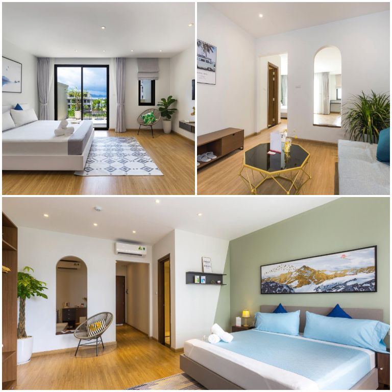 Green Suites Hotel sở hữu phòng nghỉ mang không gian tươi sáng với các gam màu trắng xanh kết hợp trần thạch cao. 