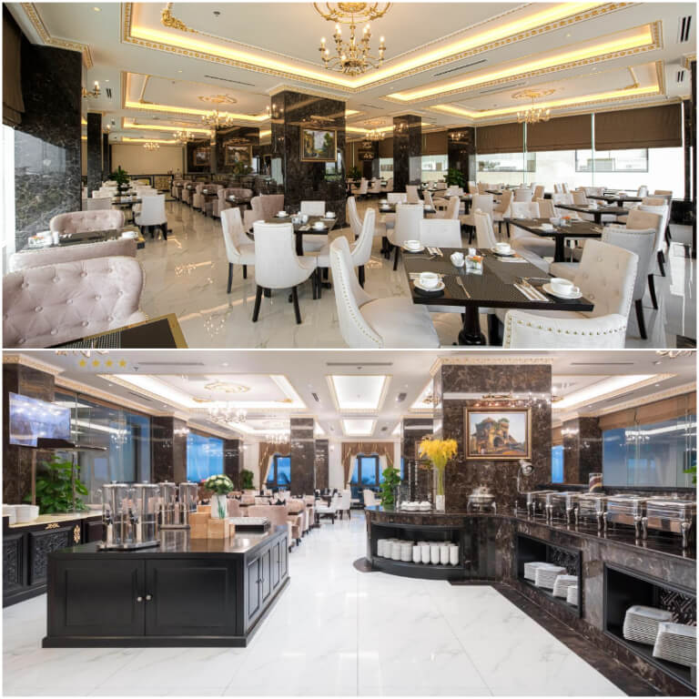 Nhà hàng Monarque sở hữu không gian ẩm thực sang trọng với nội thất màu be và đèn chùm ấn tượng.
