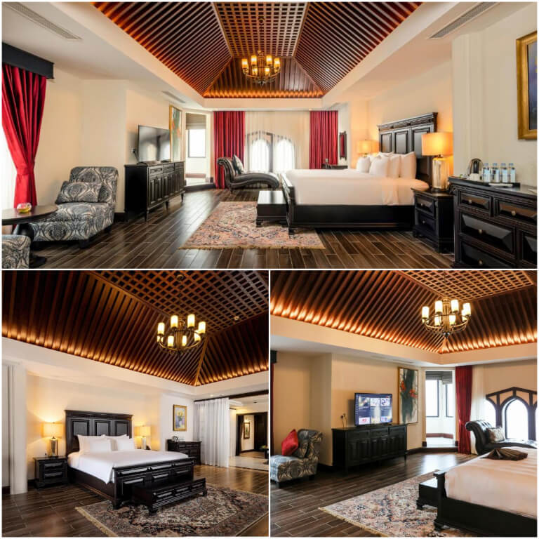 Phòng ngủ nổi bật với thiết kế Tây Âu từ 2 gam màu trắng và đen từ gỗ mun.