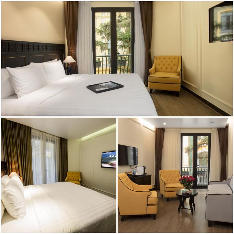 Phòng Corner Suite được thiết kế tách biệt phòng khách và phòng ngủ, phòng là sự kết hợp tươi sáng của tone màu vàng, xám và be.