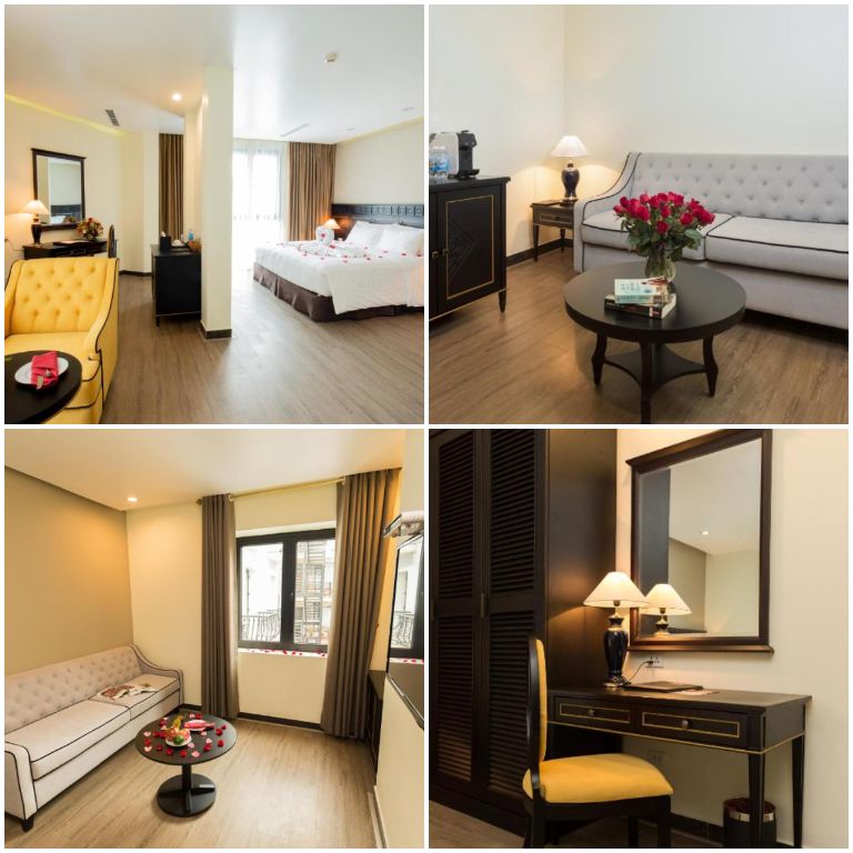 Phòng suite Executive với không gian sang trọng của tone màu be kết hợp với chăn ga trắng sáng, phòng được lát sàn gỗ cao cấp.