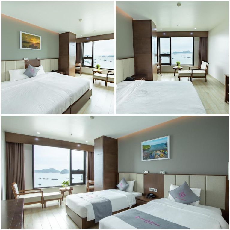Catba Paradise Hotel với phòng ngủ sang trọng cùng các gam màu trung tính đặc biệt phòng được thiết kế mở với kính lớn. 
