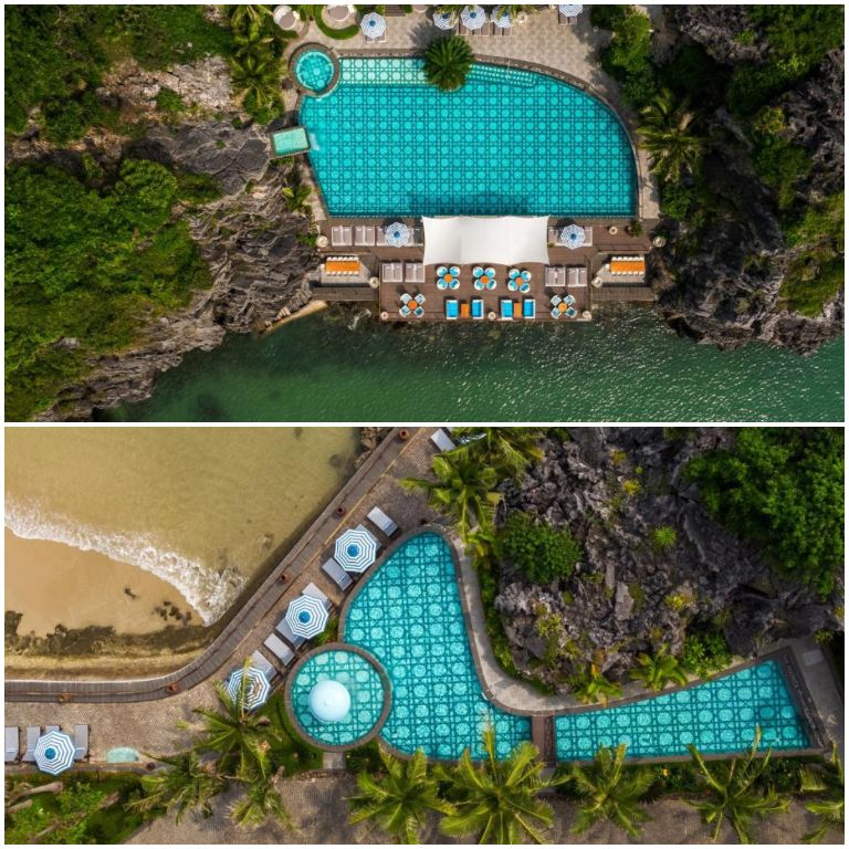 Mgallery Cát Bà với 2 bể bơi được bao quanh là 2 vách núi lớn cùng hệ thống cây xanh, phía trên là hệ thống ghế tắm và ô che.