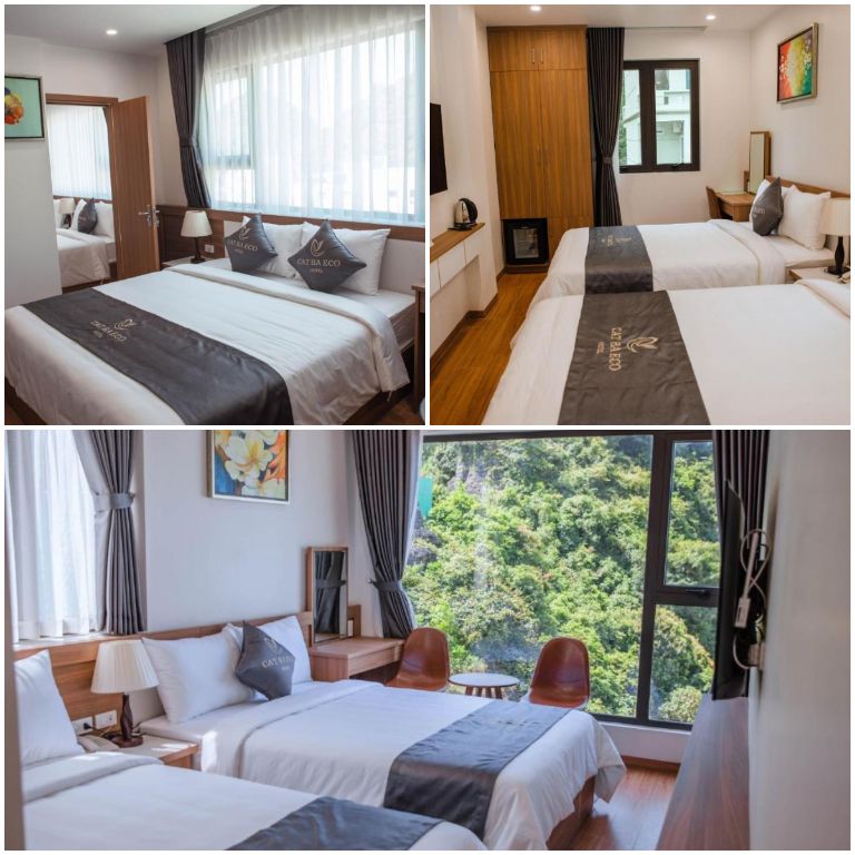 Khách sạn Cat Ba Eco Hotel với phòng ốc là sự kết hợp của các gam màu trắng, xám của ga giường và nâu của nội thất. 