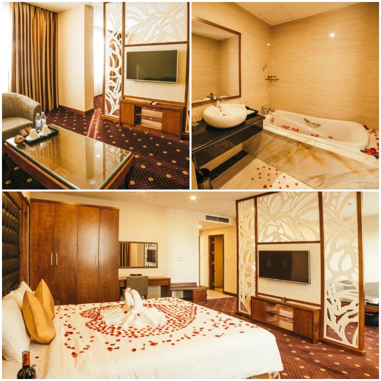Phòng VIP được thiết kế với nội thất gỗ sồi tinh xảo, phòng khách và phòng ngủ được ngăn cách bằng tấm gỗ lớn hoa văn.